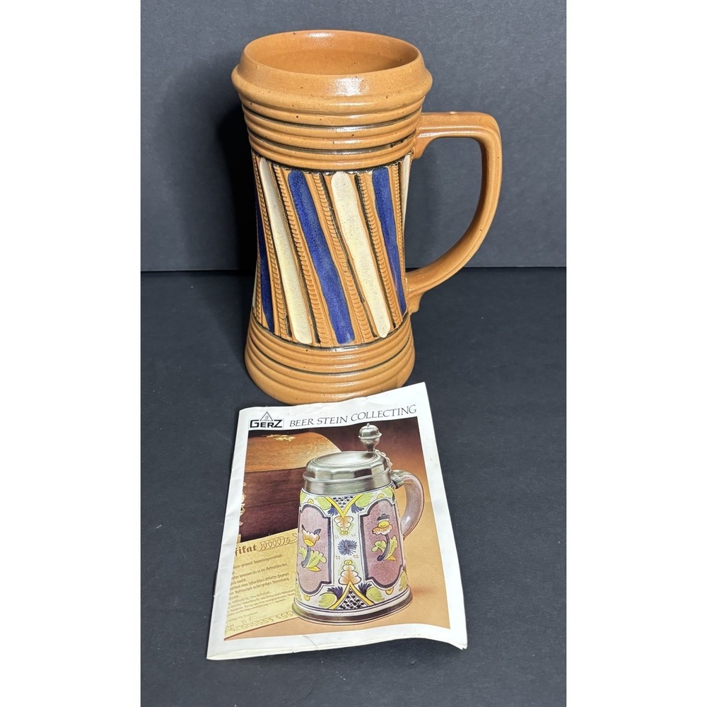 Gerz Germany Beer Stein Mug Cobalt Blue Cream Striped Ceramic 7" NO LID